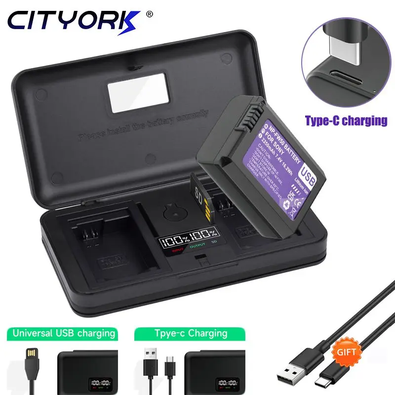 NP-FW50 NPFW50 NP FW50 Type-C Input Battery+storage box LCD dual charger for Sony Alpha A6500 A5000 NEX-3 A7 A7RII A7SII ZVE10