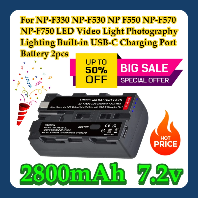 For NP-F330 NP-F530 NP F550 NP-F570 NP-F750 LED Light Photography Lighting 2800mAh Built-in USB-C Charging Port Battery 2pcs